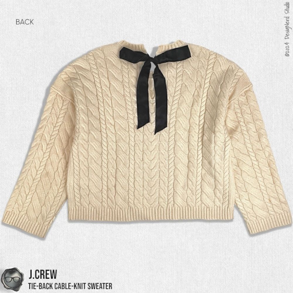 J.CREW TIE-BACK CABLE KNIT SWEATER IN BUTTERCREAM WITH BLACK BOW SLIGHT CROP MED - Picture 6 of 11